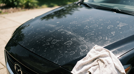 Microfiber towel drying water spots off a wet black car hood during hand wash detailing