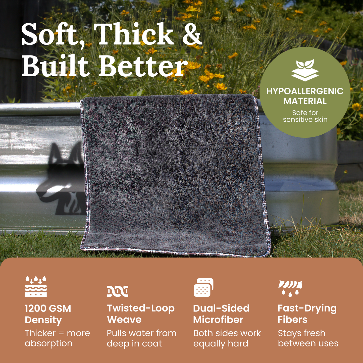 Devil Dog Premium Dog Drying Towel | 1200 GSM Microfiber | 16" × 24" Gray
