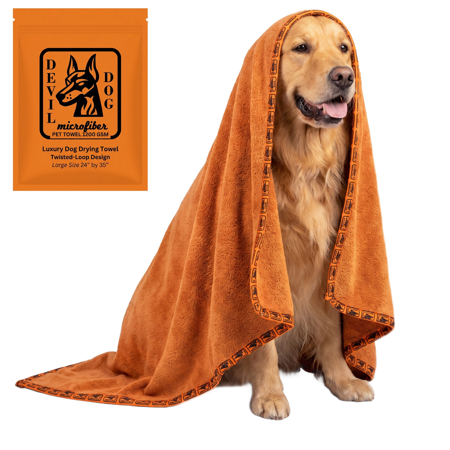 Devil Dog Premium Dog Drying Towel | 1200 GSM Microfiber | 24" × 35" Orange